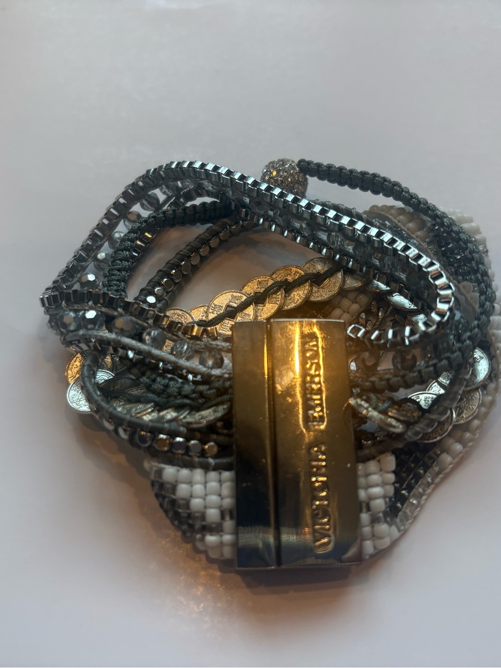 Victoria Emerson Multi-Row Silver and White Beaded Magnetic Cuff Bracelet - Picture 3 of 3